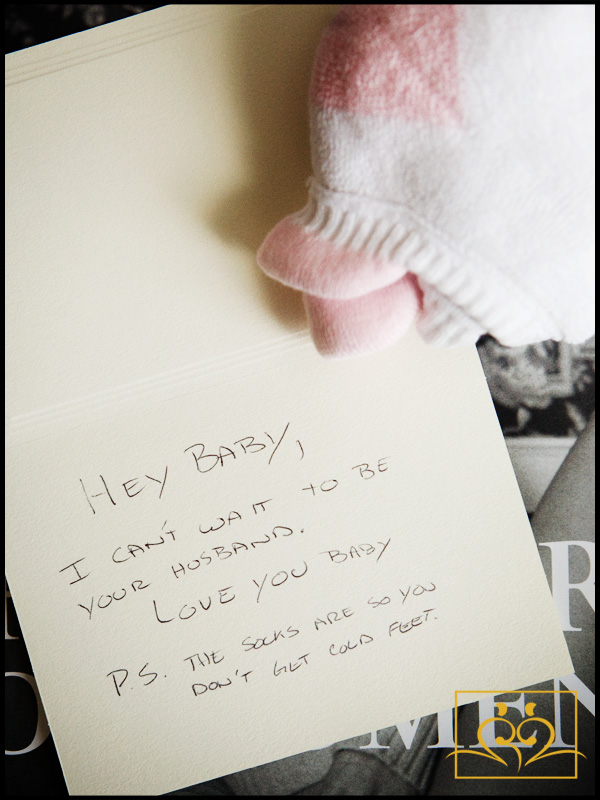 Miami wedding photography: Love Notes... The socks came with this sweet note...something about " cold feet".