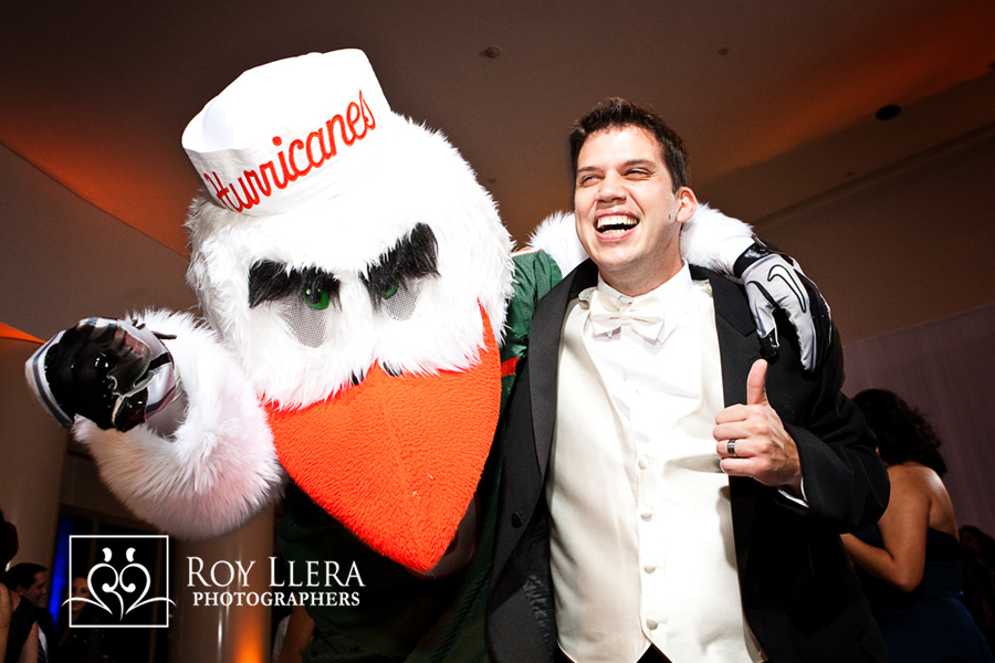Miami Wedding Groom with Universitry of Miami Mascot Sebastian The Ibis