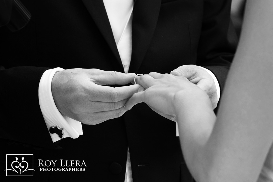 The wedding band placed on the Bride's finger